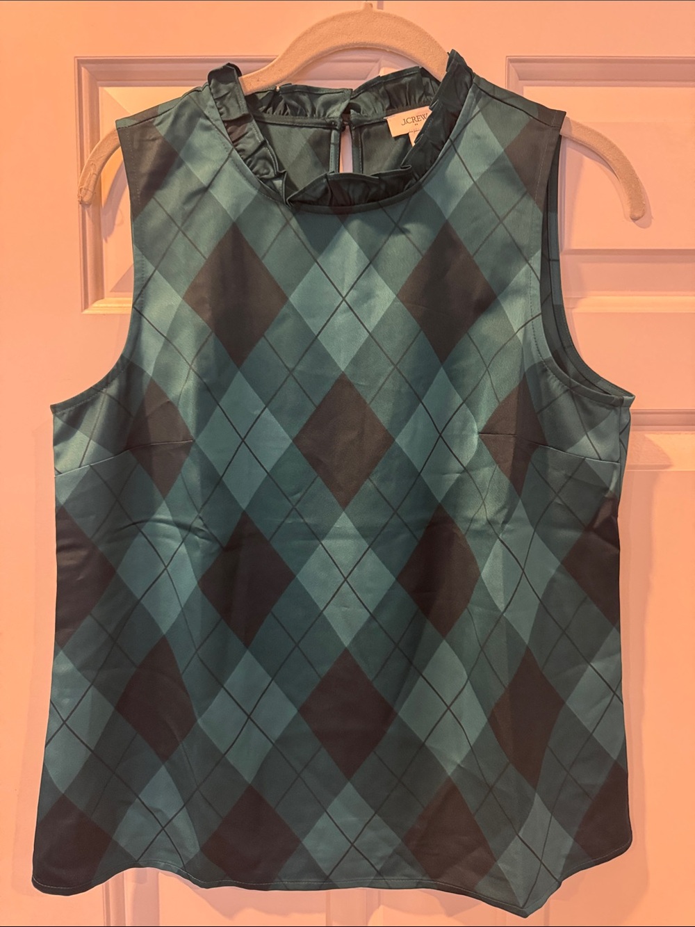 J. Crew Teal and Black Argyle Sleeveless Ruffle-Neck Shell